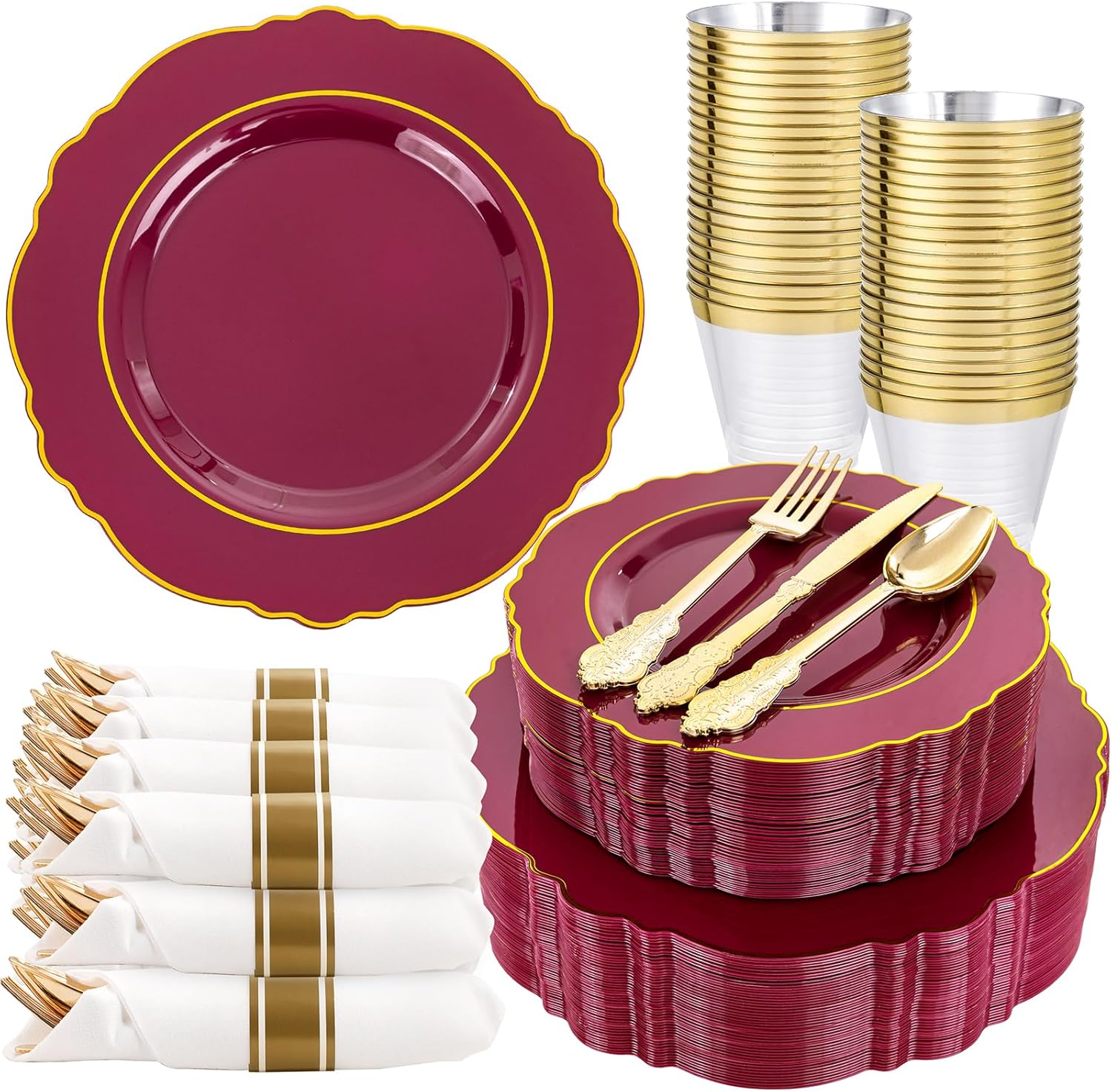 350PCS Purple Plastic Plates - Disposable Light Purple and Gold Plates 50guest Baroque Plastic Dinnerware include 100Plates, 50Pack Pre Rolled Napkins with Silverware 50Cups for Easter Day